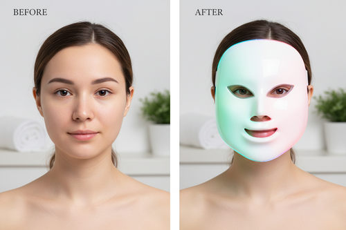 Before and after skincare lifestyle shot with LED face mask