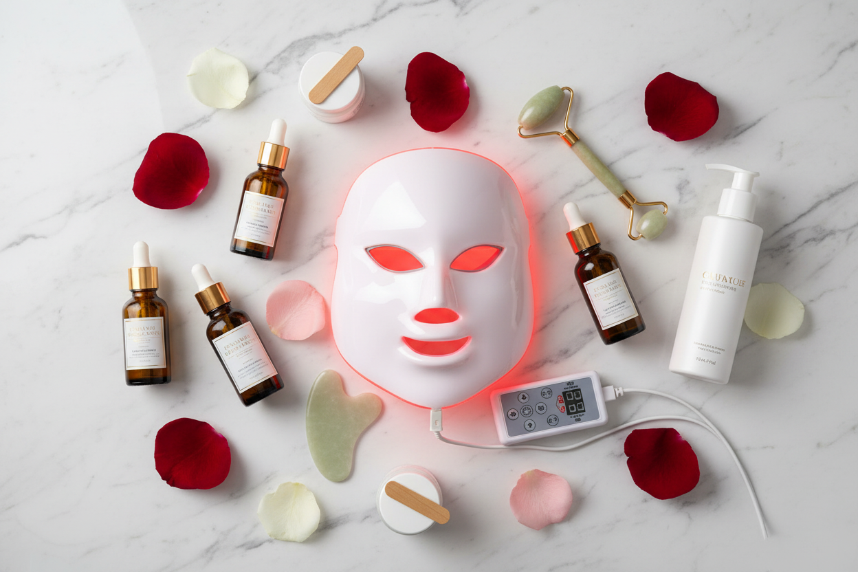 Flat lay of LED face mask with skincare products on marble surface
