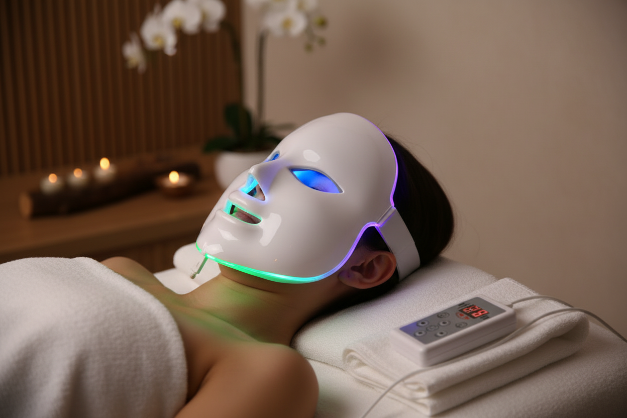 Person wearing LED face mask